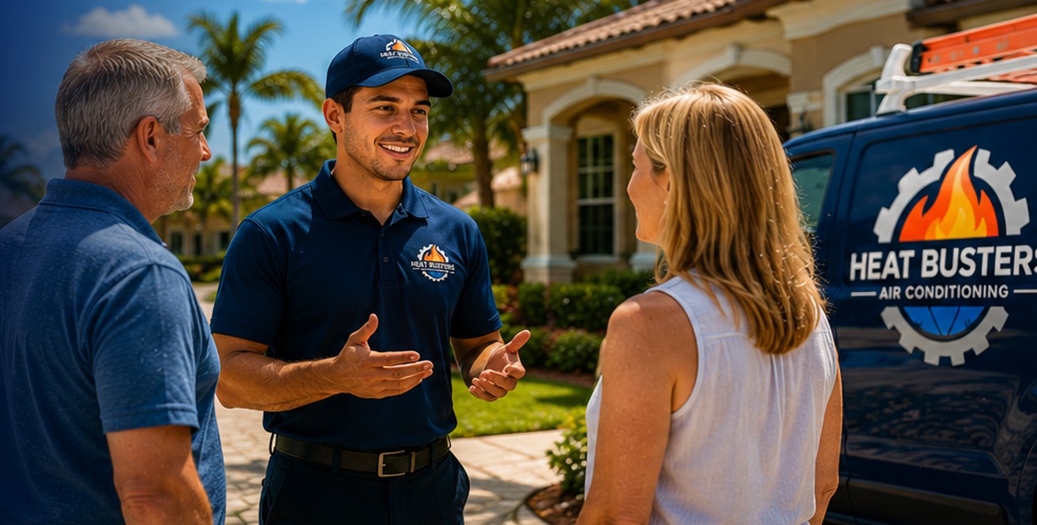 Heat Busters technician speaking with homeowners